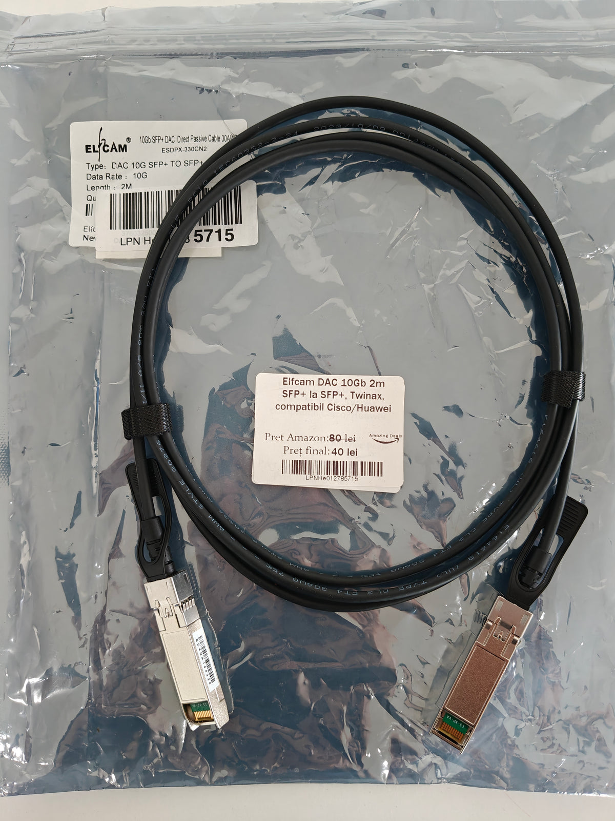 Cablu Elfcam DAC 10Gb ,2 metri,SFP+ ,Twinax compatibil cu Cisco și Huawei