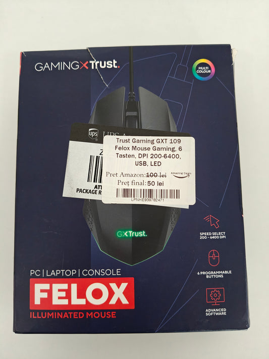 Mouse Trust Gaming GXT 109 Felox cu Fir- DPI 200-6400, 6 Butoane ,LED
