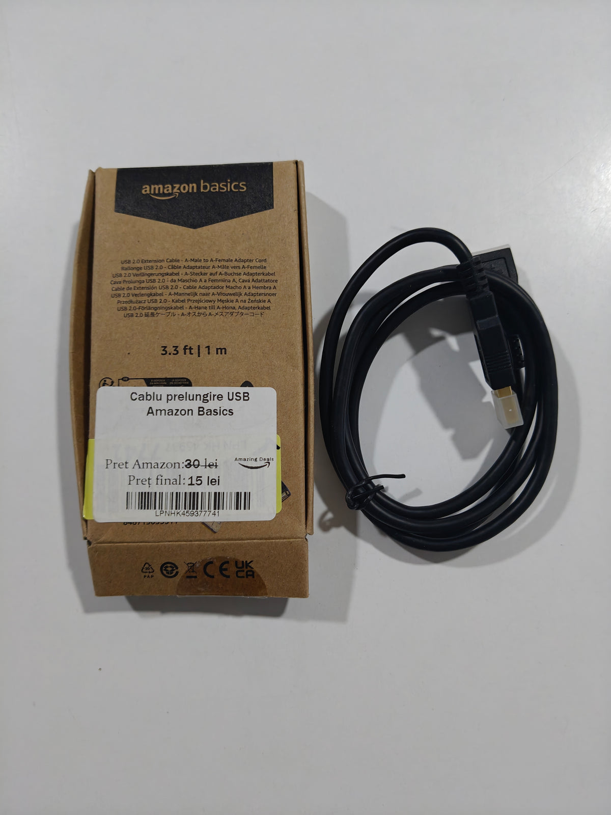 Cablu prelungire Usb 1m, Amazon Basics