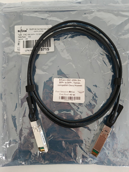 Cablu Elfcam DAC 10Gb ,2 metri,SFP+ ,Twinax compatibil cu Cisco și Huawei