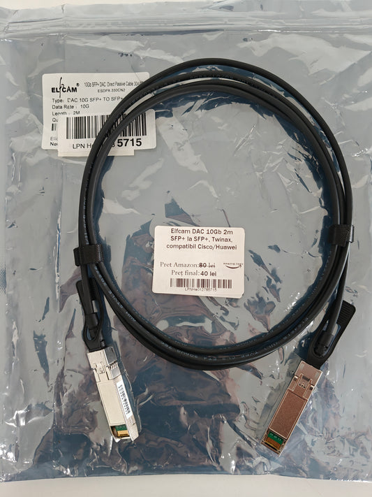 Cablu Elfcam DAC 10Gb ,2 metri,SFP+ ,Twinax compatibil cu Cisco și Huawei