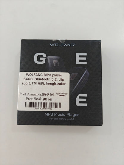 WOLFANG MP3 Player 64GB ,Bluetooth 5.2, clip sportiv ,FM, mini