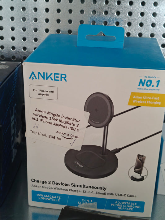 Încărcător Wireless Anker MagGo ,MagSafe 2 în 1 , iPhone + AirPods