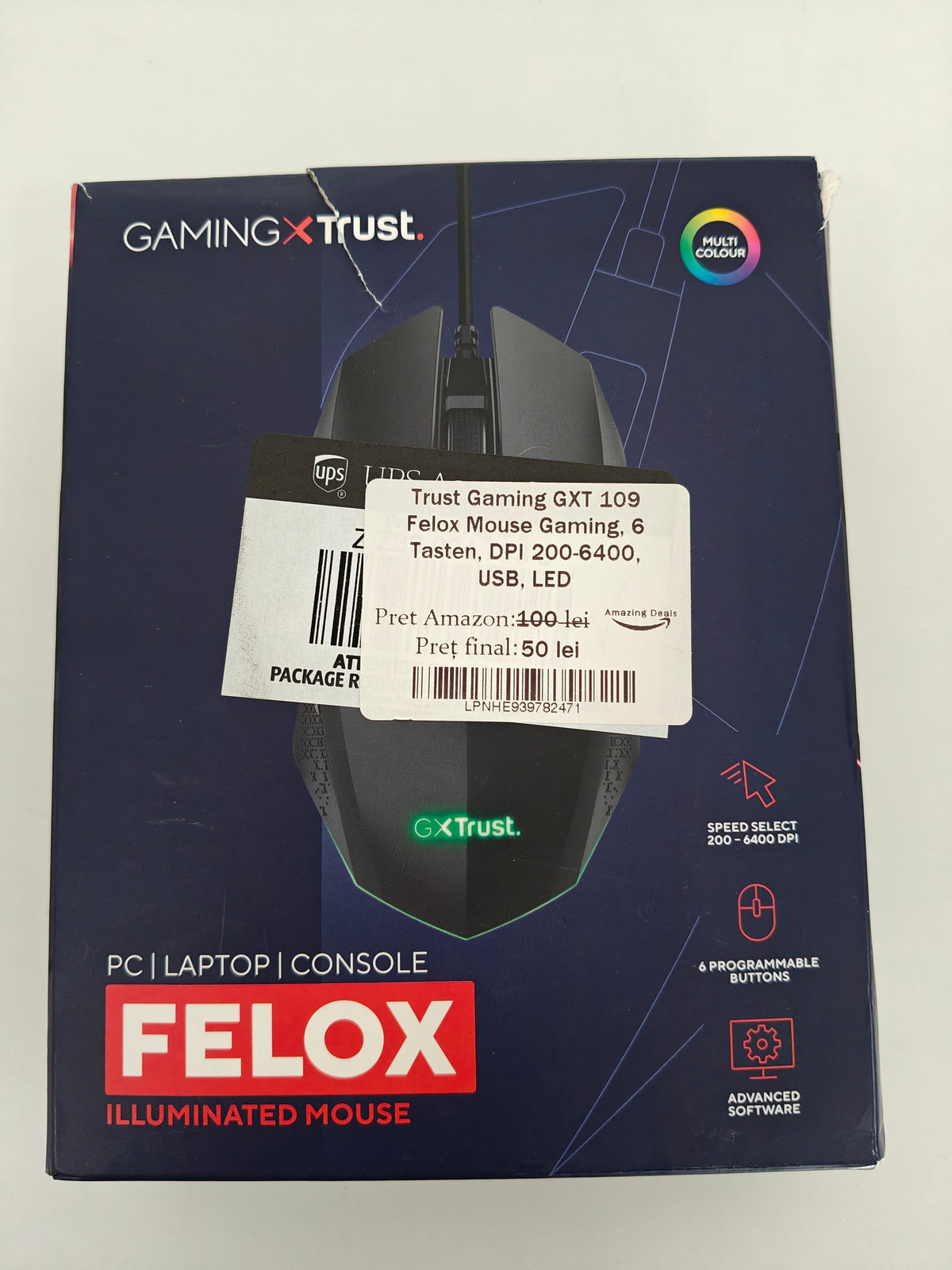 Mouse Trust Gaming GXT 109 Felox cu Fir- DPI 200-6400, 6 Butoane ,LED
