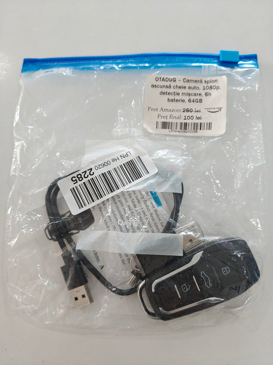 OTADUG - Cameră spion ascunsă ,cheie auto, 1080p ,detecție mișcare ,6h baterie ,64GB